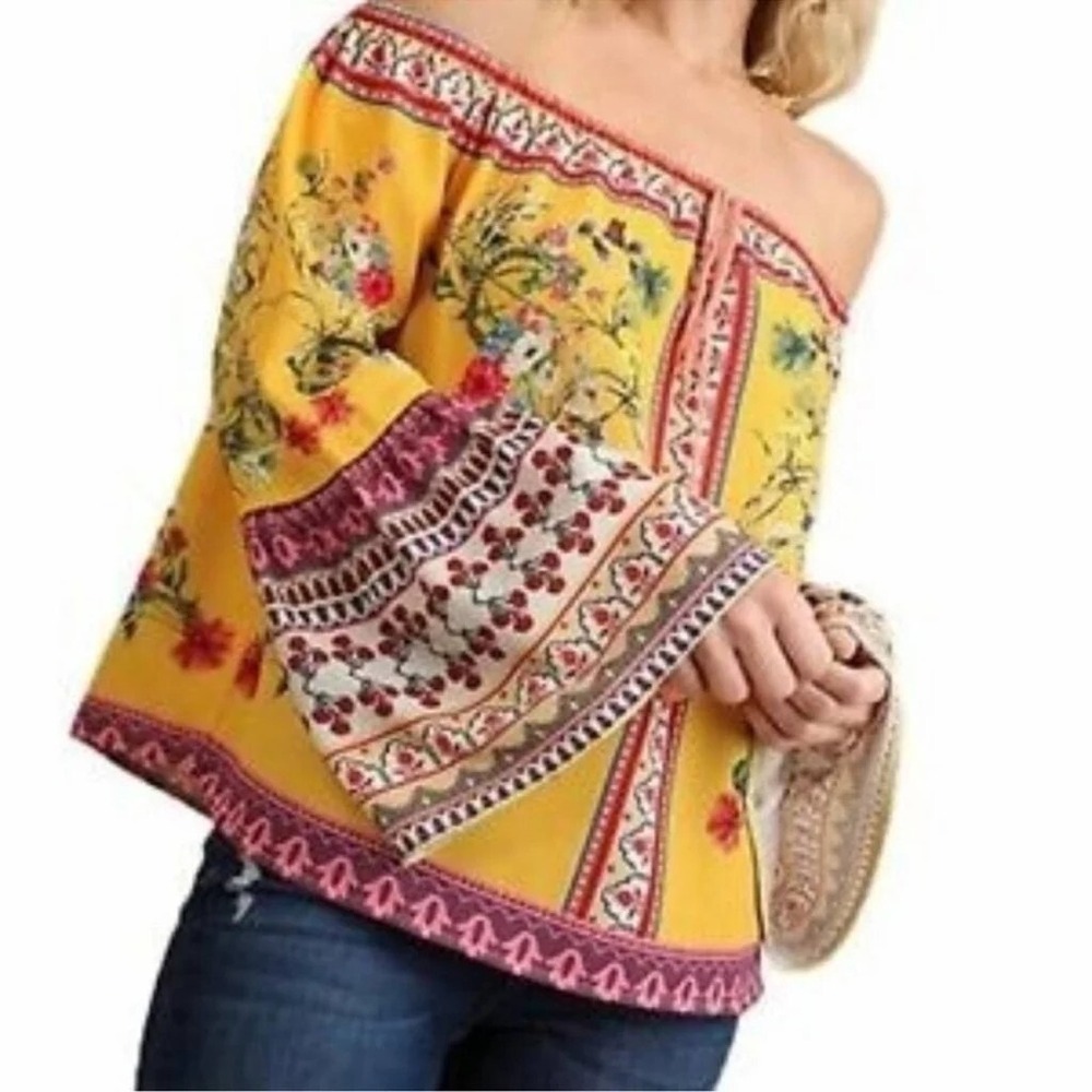 Umgee Women Peasant Festival Bell Sleeve Off Shoulder Top S Blouse Yellow Floral